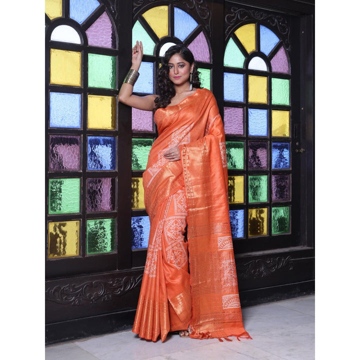 CHARUKRITI Zari Border Orange Silk Soft Saree with Unstitched Blouse