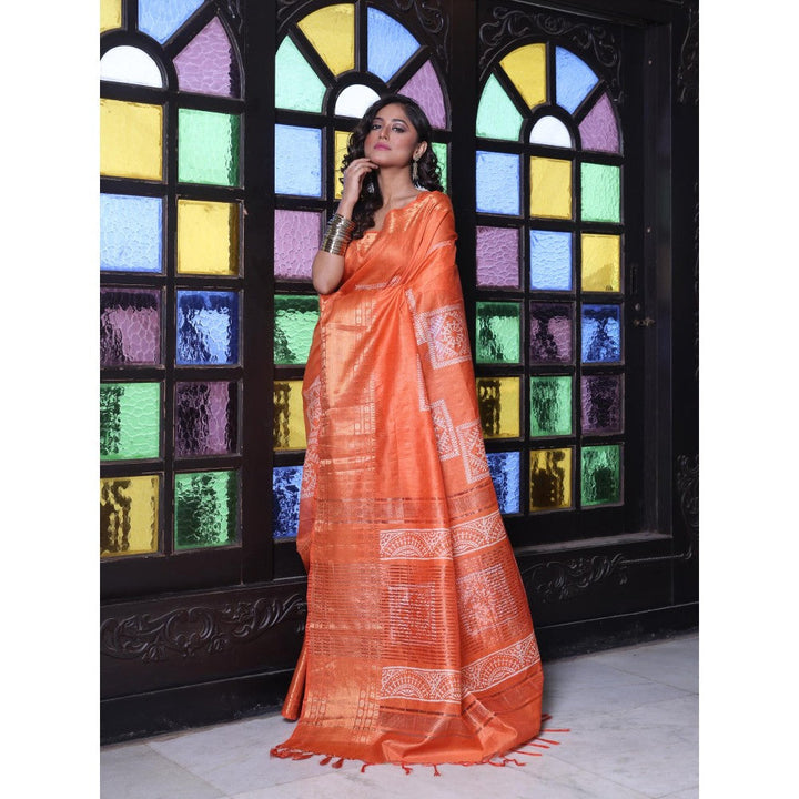 CHARUKRITI Zari Border Orange Silk Soft Saree with Unstitched Blouse