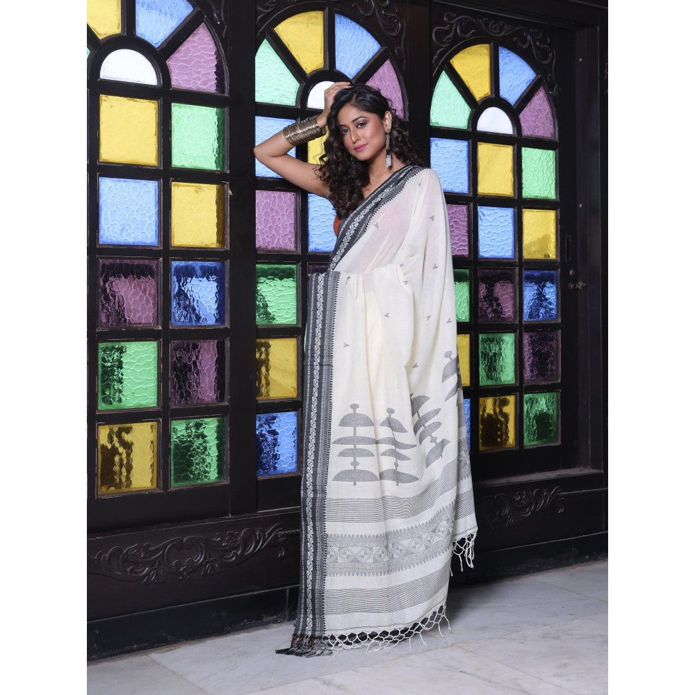 CHARUKRITI Texture Borders Off White Cotton Handwoven Saree with Unstitched Blouse