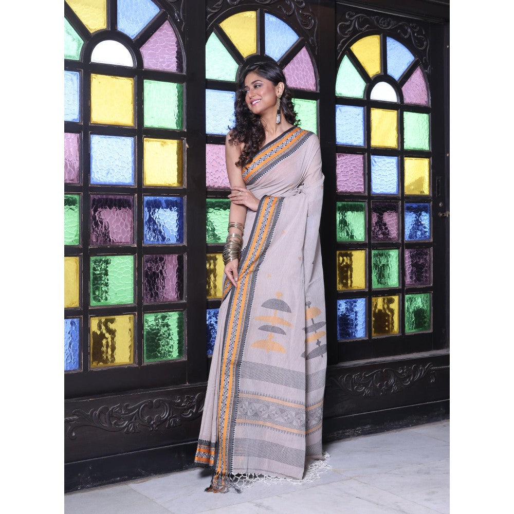 CHARUKRITI Texture Borders Beige Cotton Handwoven Saree with Unstitched Blouse