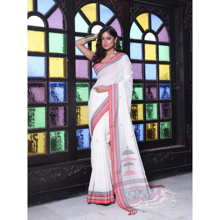 CHARUKRITI Texture Borders Off White Cotton Handwoven Saree with Unstitched Blouse