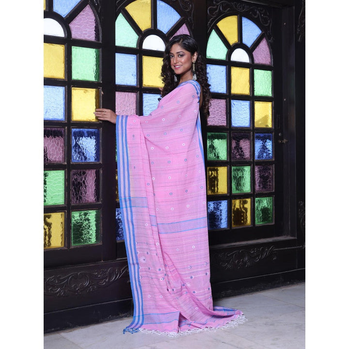 CHARUKRITI Floral Buttas Pink Cotton Handwoven Saree with Unstitched Blouse