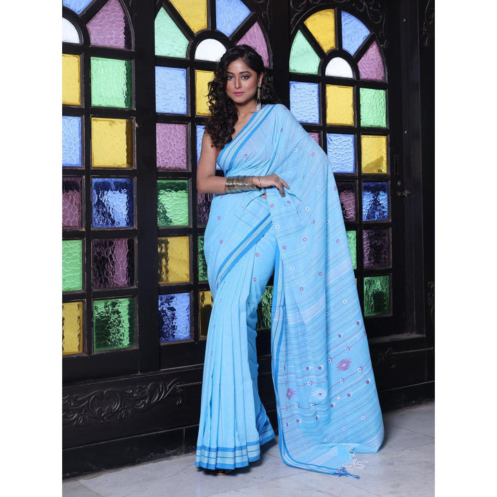 CHARUKRITI Floral Buttas Sky Blue Cotton Handwoven Saree with Unstitched Blouse