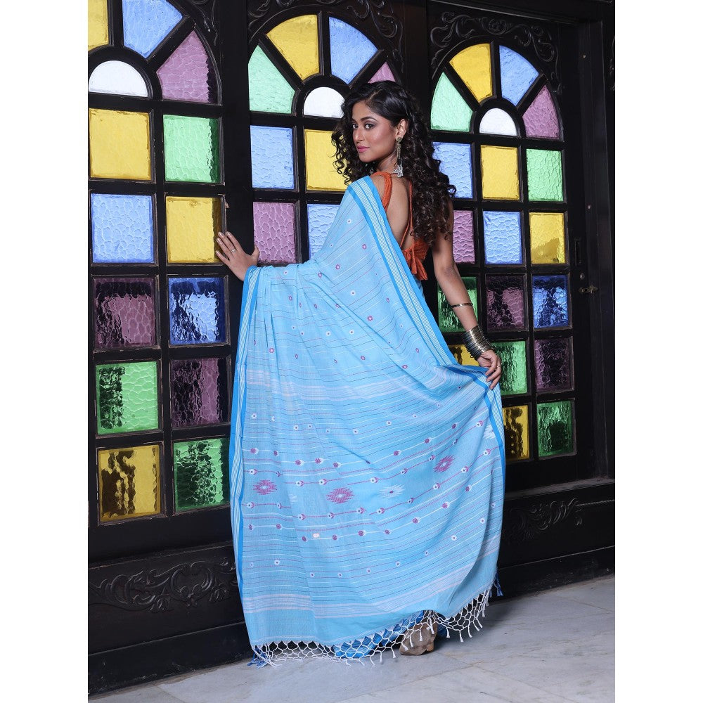 CHARUKRITI Floral Buttas Sky Blue Cotton Handwoven Saree with Unstitched Blouse