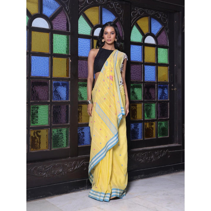 CHARUKRITI Floral Buttas Yellow Cotton Handwoven Saree with Unstitched Blouse