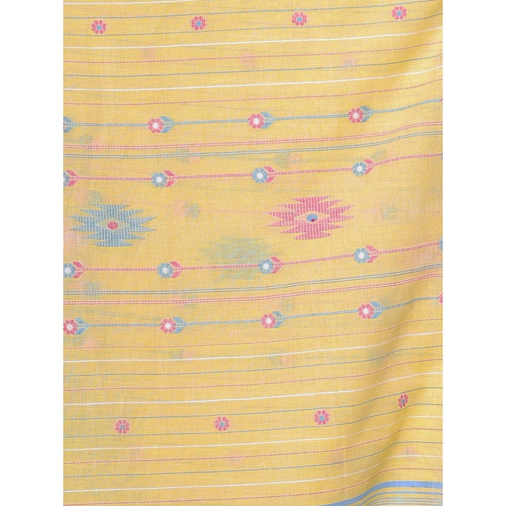 CHARUKRITI Floral Buttas Yellow Cotton Handwoven Saree with Unstitched Blouse