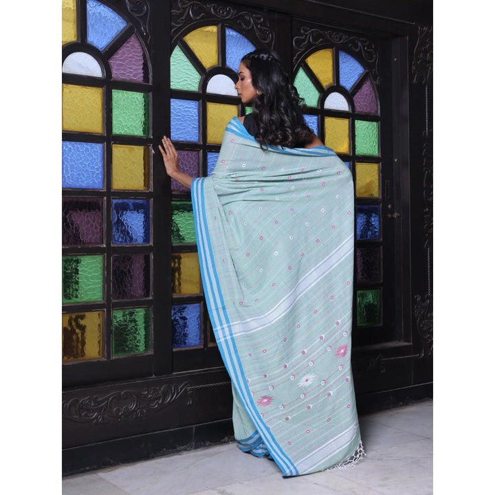 CHARUKRITI Floral Buttas Pistachio Green Cotton Handwoven Saree with Unstitched Blouse