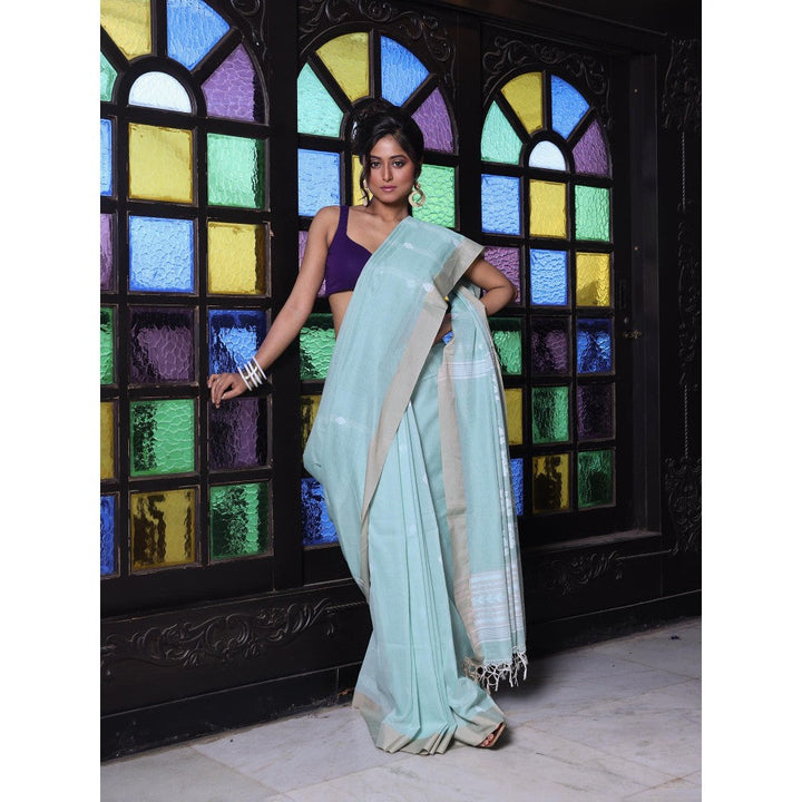 CHARUKRITI Texture Motifs Pistachio Green Cotton Handwoven Saree with Unstitched Blouse