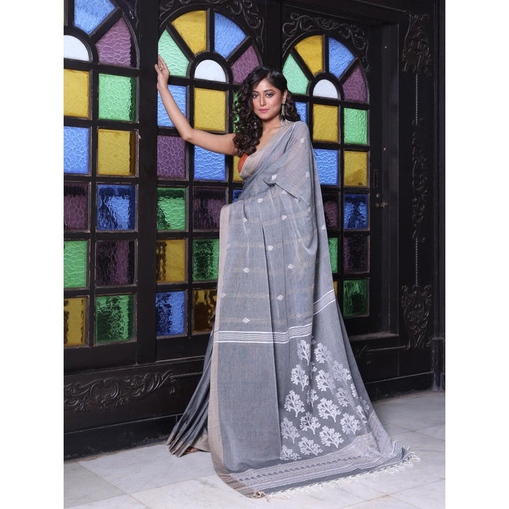 CHARUKRITI Texture Motifs Grey Cotton Handwoven Saree with Unstitched Blouse