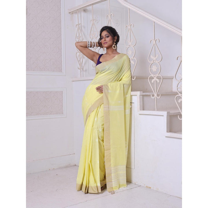 CHARUKRITI Texture Motifs Yellow Cotton Handwoven Saree with Unstitched Blouse