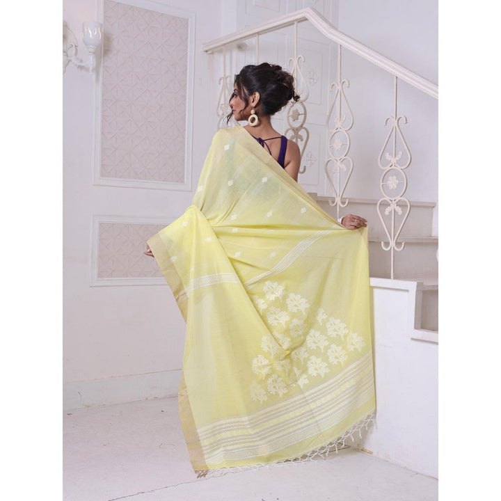 CHARUKRITI Texture Motifs Yellow Cotton Handwoven Saree with Unstitched Blouse