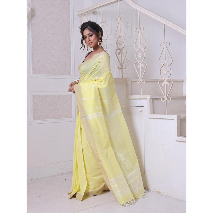 CHARUKRITI Texture Motifs Yellow Cotton Handwoven Saree with Unstitched Blouse