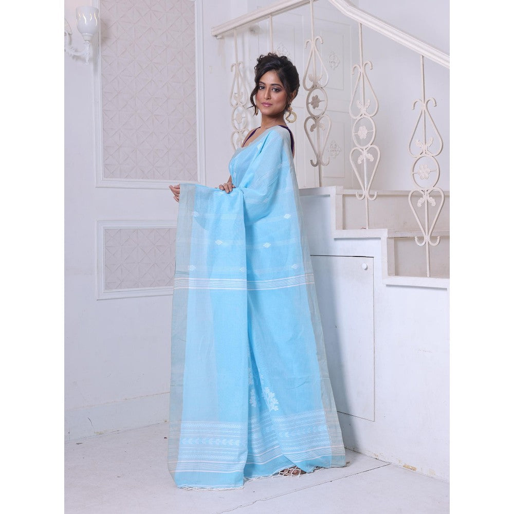 CHARUKRITI Texture Motifs Sky Blue Cotton Handwoven Saree with Unstitched Blouse