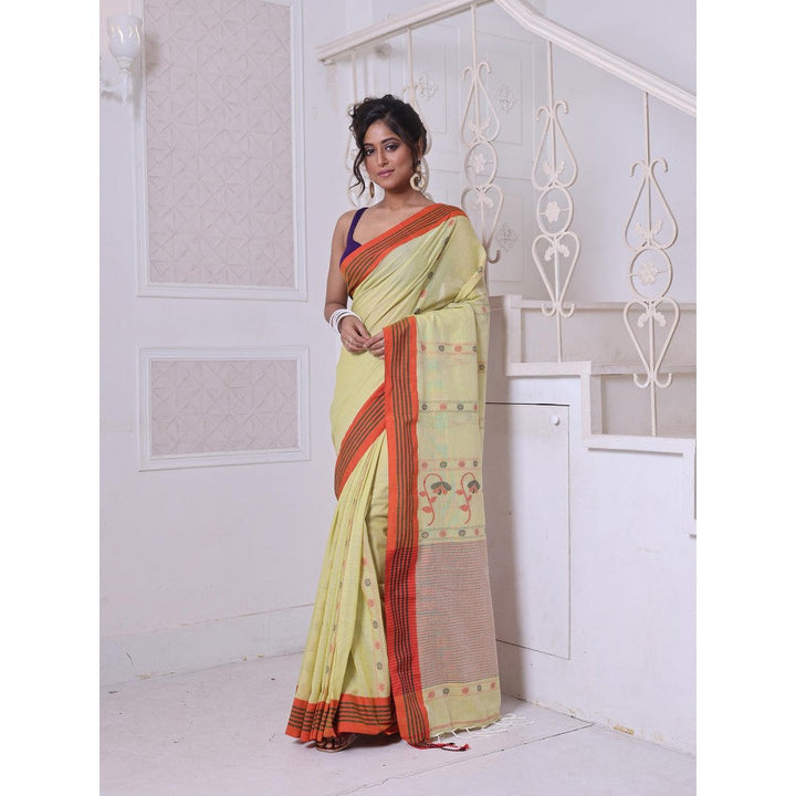 CHARUKRITI Floral Buttas Lemon Yellow Cotton Handwoven Saree with Unstitched Blouse