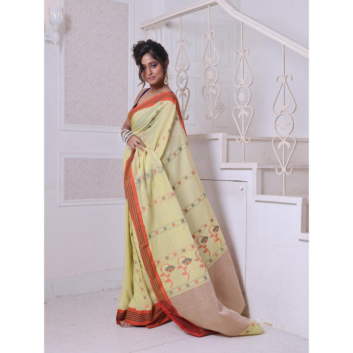 CHARUKRITI Floral Buttas Lemon Yellow Cotton Handwoven Saree with Unstitched Blouse