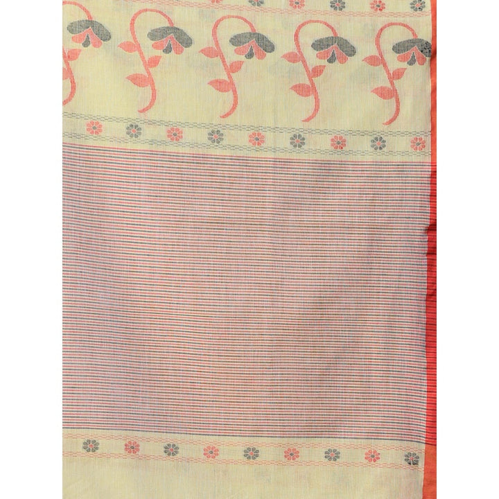 CHARUKRITI Floral Buttas Lemon Yellow Cotton Handwoven Saree with Unstitched Blouse