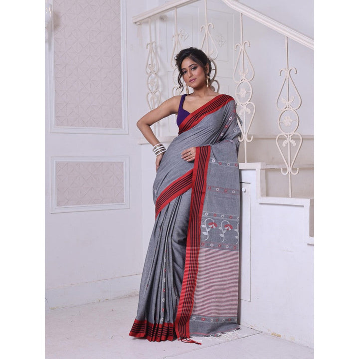 CHARUKRITI Floral Buttas Grey Cotton Handwoven Saree with Unstitched Blouse