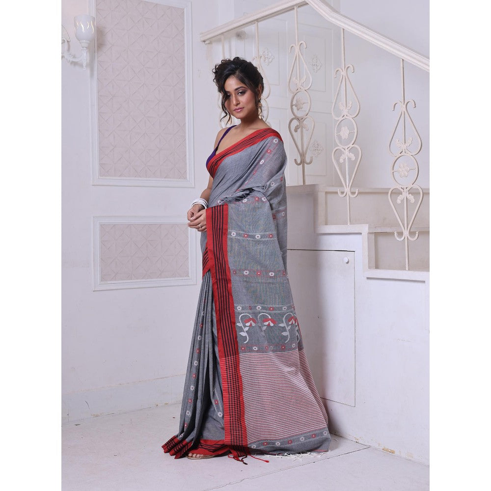 CHARUKRITI Floral Buttas Grey Cotton Handwoven Saree with Unstitched Blouse