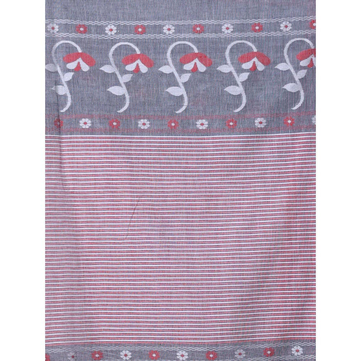 CHARUKRITI Floral Buttas Grey Cotton Handwoven Saree with Unstitched Blouse