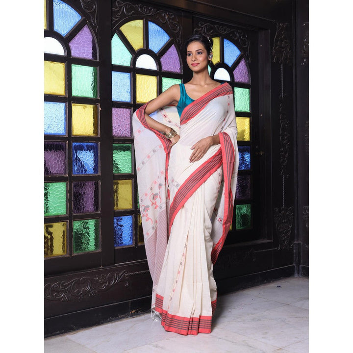 CHARUKRITI Floral Buttas White Cotton Handwoven Saree with Unstitched Blouse