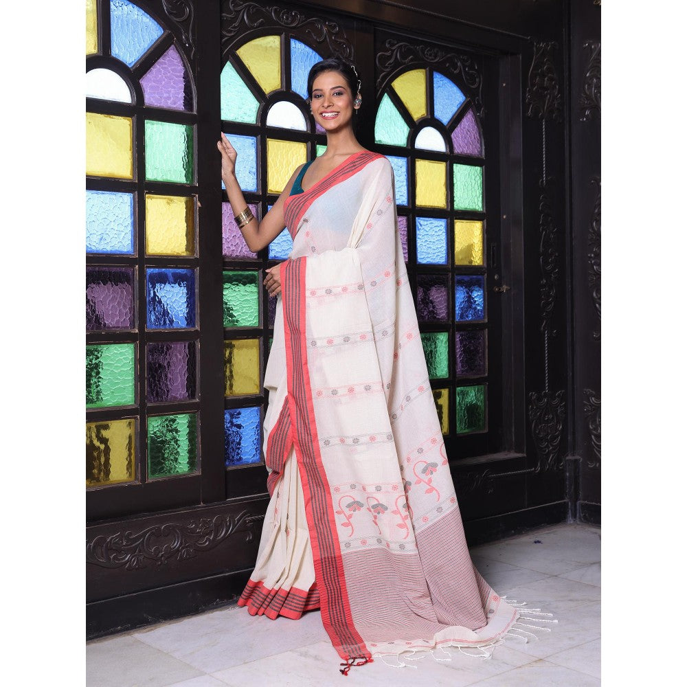 CHARUKRITI Floral Buttas White Cotton Handwoven Saree with Unstitched Blouse