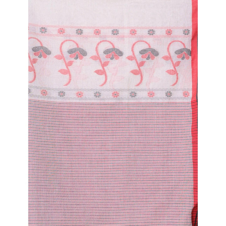 CHARUKRITI Floral Buttas White Cotton Handwoven Saree with Unstitched Blouse