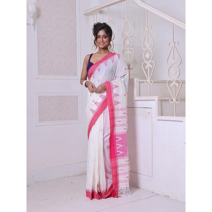 CHARUKRITI Texture Motifs Off White Cotton Soft Saree with Unstitched Blouse