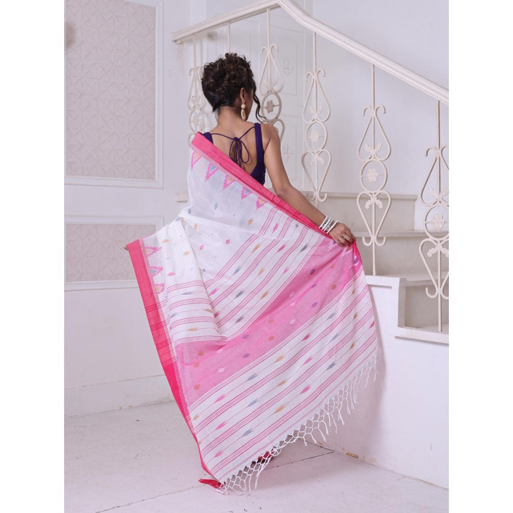 CHARUKRITI Texture Motifs Off White Cotton Soft Saree with Unstitched Blouse