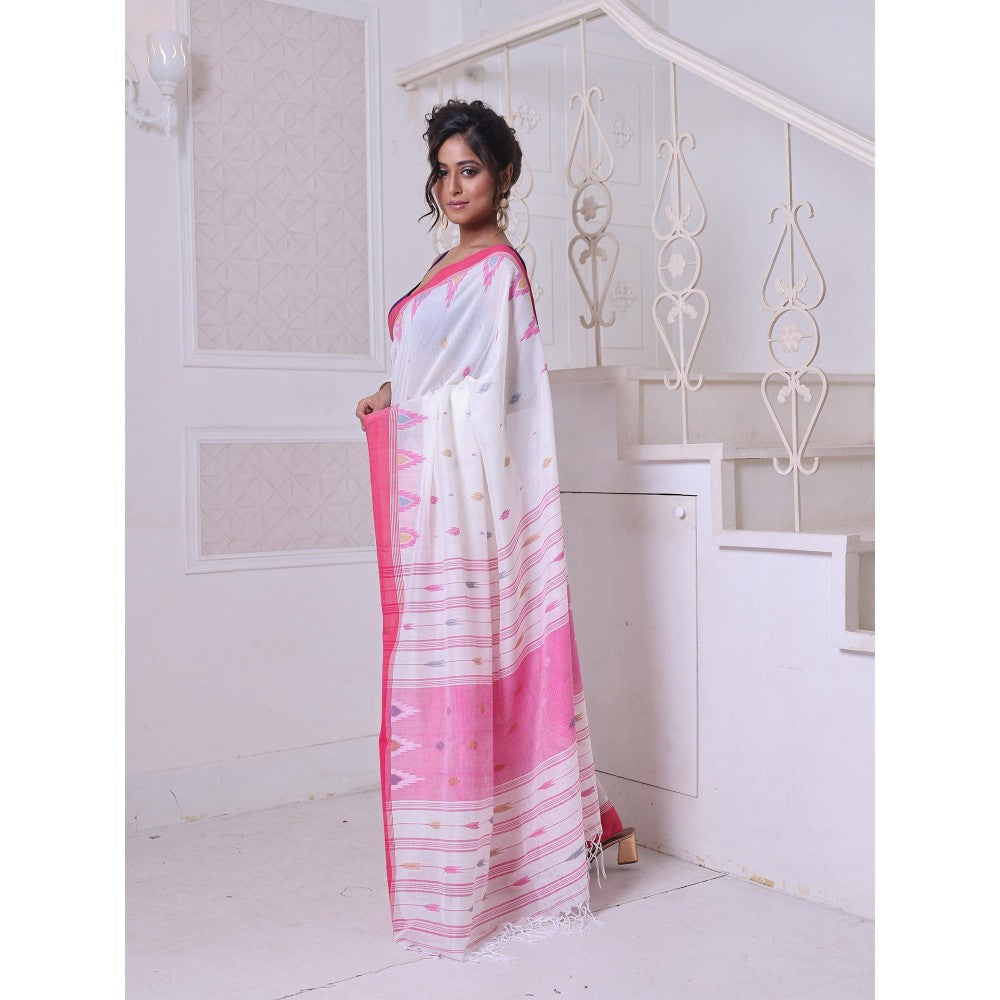 CHARUKRITI Texture Motifs Off White Cotton Soft Saree with Unstitched Blouse