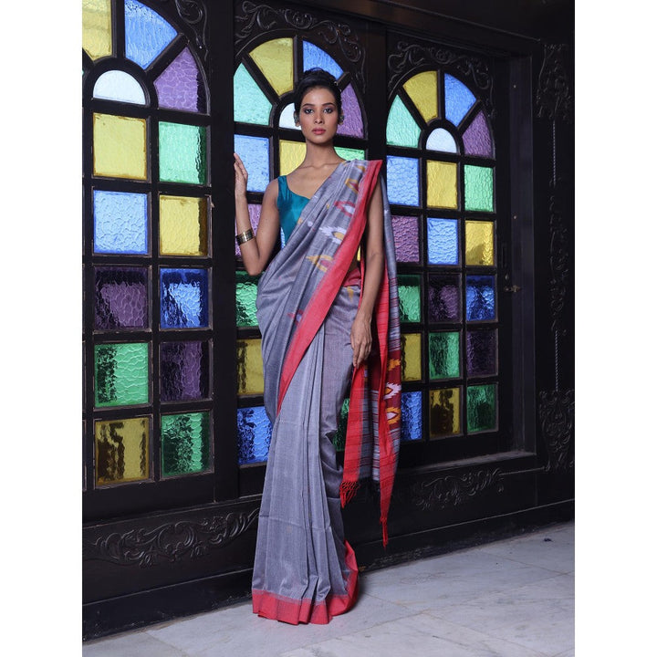 CHARUKRITI Texture Motifs Grey Cotton Soft Saree with Unstitched Blouse