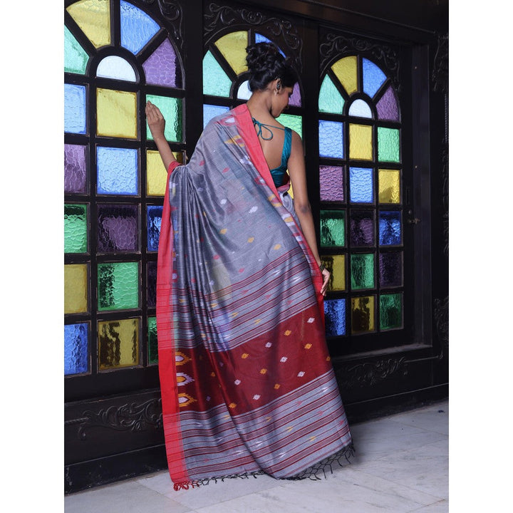 CHARUKRITI Texture Motifs Grey Cotton Soft Saree with Unstitched Blouse