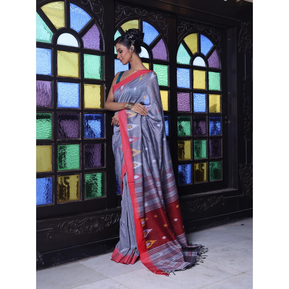 CHARUKRITI Texture Motifs Grey Cotton Soft Saree with Unstitched Blouse