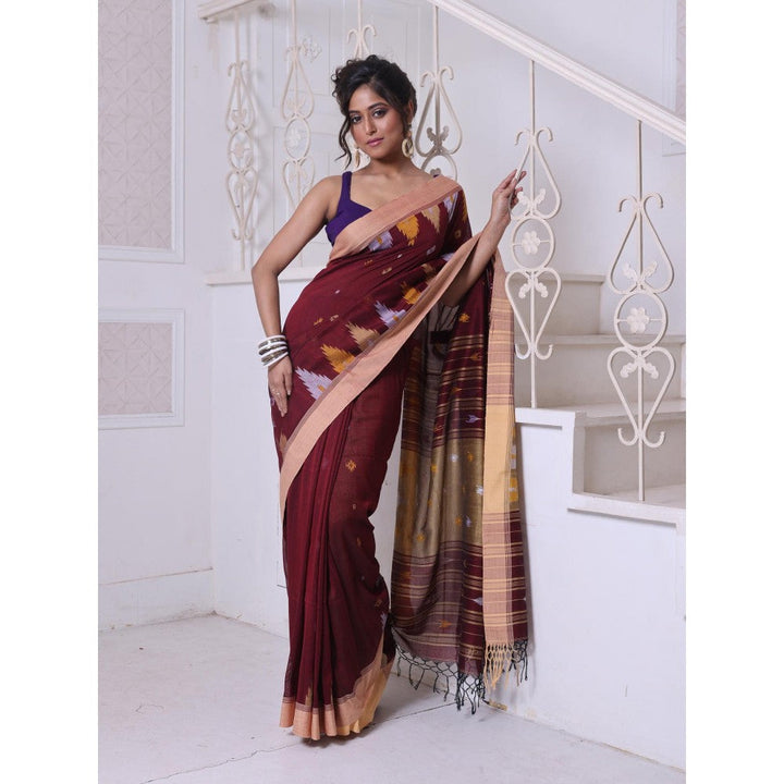 CHARUKRITI Texture Motifs Brown Cotton Soft Saree with Unstitched Blouse