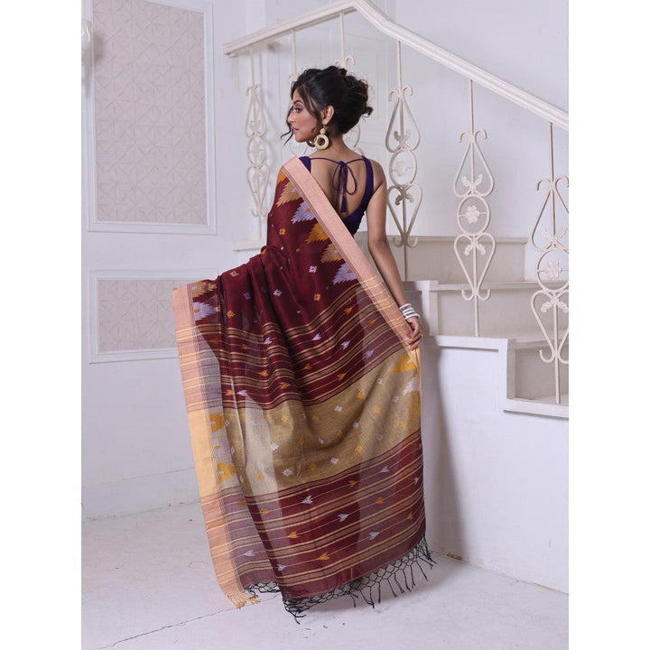 CHARUKRITI Texture Motifs Brown Cotton Soft Saree with Unstitched Blouse