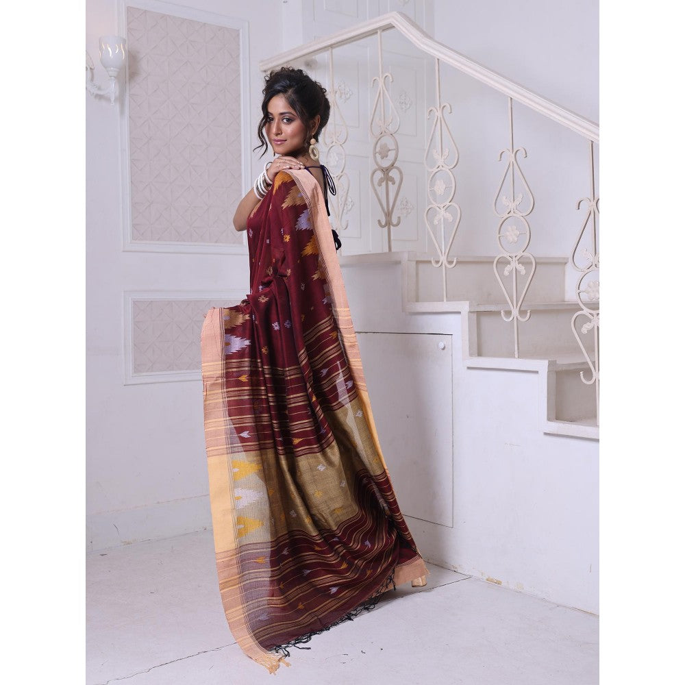 CHARUKRITI Texture Motifs Brown Cotton Soft Saree with Unstitched Blouse