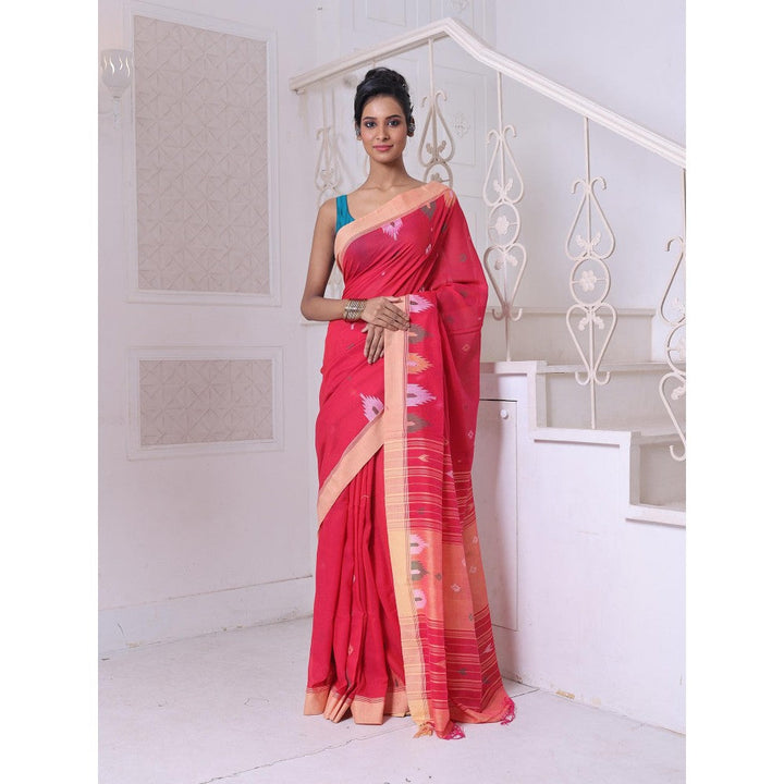 CHARUKRITI Texture Motifs Red Cotton Soft Saree with Unstitched Blouse