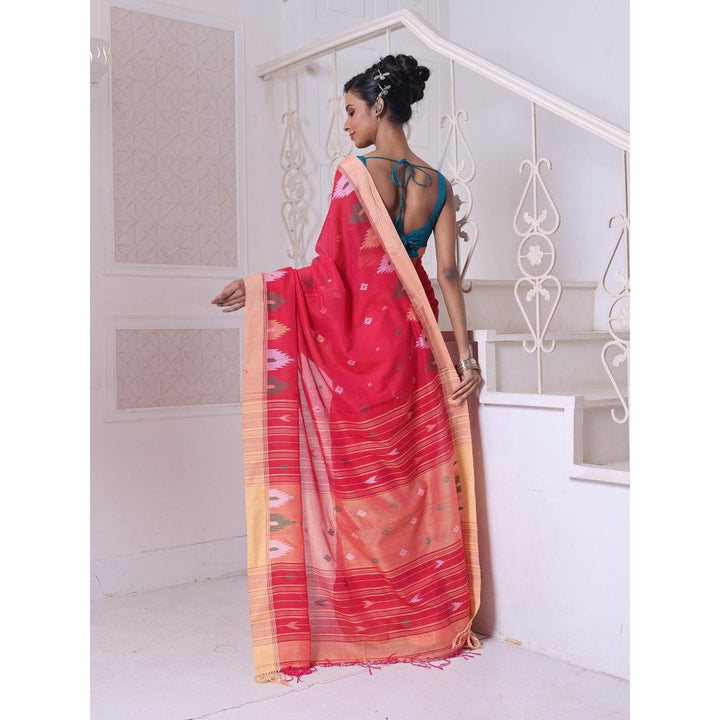 CHARUKRITI Texture Motifs Red Cotton Soft Saree with Unstitched Blouse