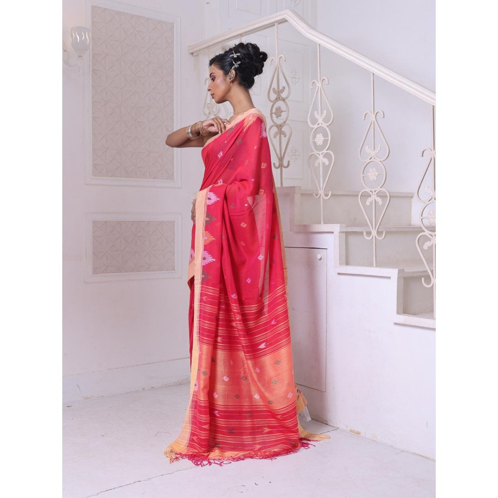 CHARUKRITI Texture Motifs Red Cotton Soft Saree with Unstitched Blouse