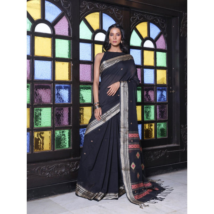 CHARUKRITI Texture Motifs Black Cotton Handwoven Saree with Unstitched Blouse