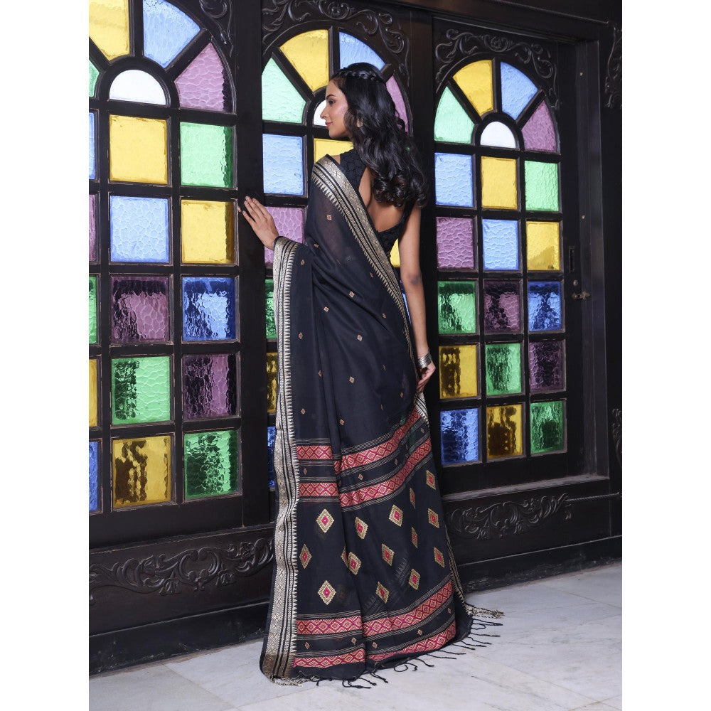 CHARUKRITI Texture Motifs Black Cotton Handwoven Saree with Unstitched Blouse