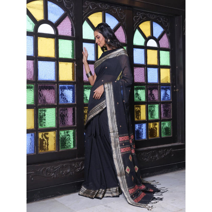 CHARUKRITI Texture Motifs Black Cotton Handwoven Saree with Unstitched Blouse