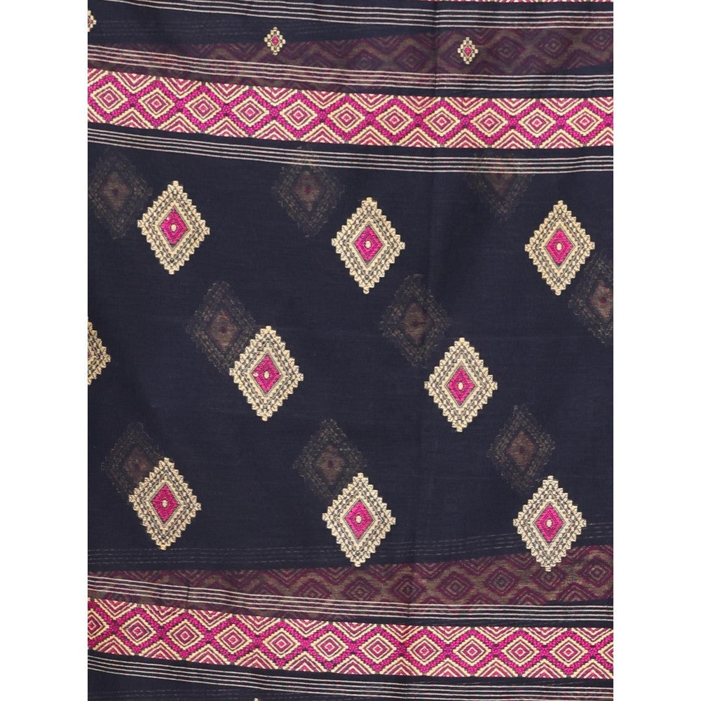 CHARUKRITI Texture Motifs Black Cotton Handwoven Saree with Unstitched Blouse