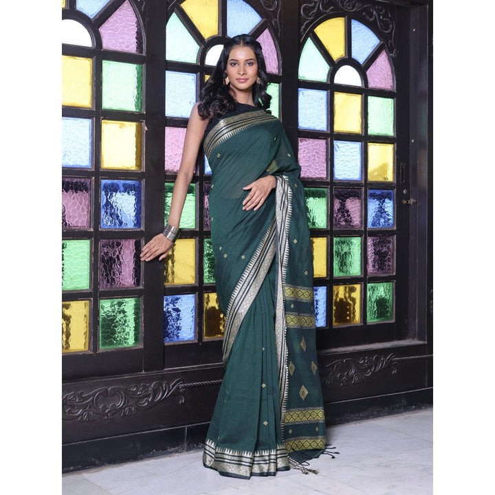 CHARUKRITI Texture Motifs Bottle Green Cotton Handwoven Saree with Unstitched Blouse