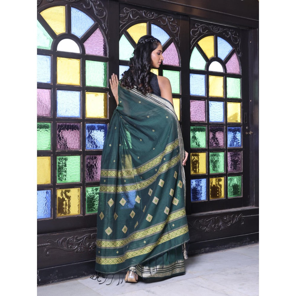 CHARUKRITI Texture Motifs Bottle Green Cotton Handwoven Saree with Unstitched Blouse