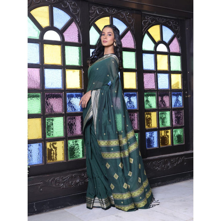 CHARUKRITI Texture Motifs Bottle Green Cotton Handwoven Saree with Unstitched Blouse