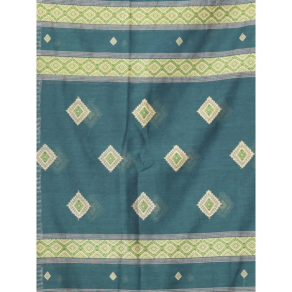 CHARUKRITI Texture Motifs Bottle Green Cotton Handwoven Saree with Unstitched Blouse