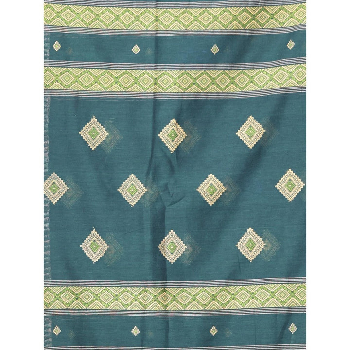 CHARUKRITI Texture Motifs Bottle Green Cotton Handwoven Saree with Unstitched Blouse