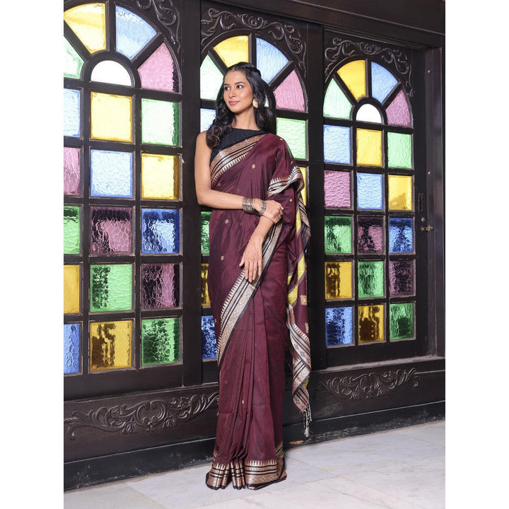 CHARUKRITI Texture Motifs Dark Chocolate Cotton Handwoven Saree with Unstitched Blouse