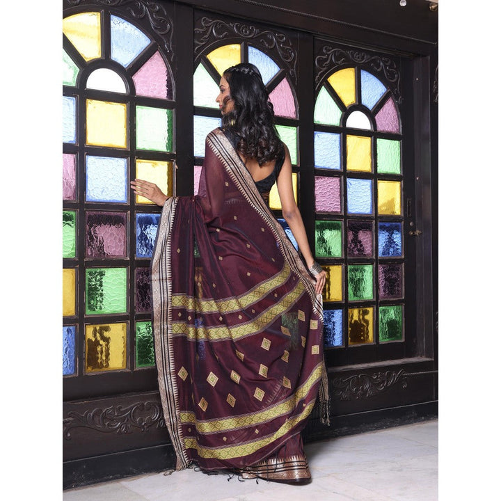 CHARUKRITI Texture Motifs Dark Chocolate Cotton Handwoven Saree with Unstitched Blouse