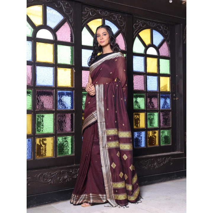 CHARUKRITI Texture Motifs Dark Chocolate Cotton Handwoven Saree with Unstitched Blouse